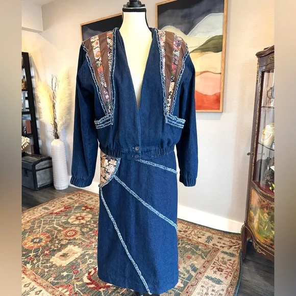 Vintage Noah’s Flood Denim Patchwork Jacket and Skirt - Picture 2 of 16